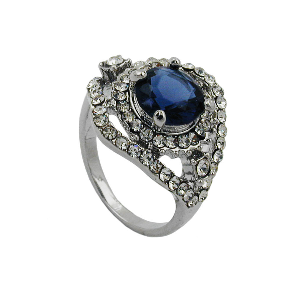 Ring 17mm großer blauer Glasstein mit kleinen weißen Glassteinen rhodiniert Ringgröße 56