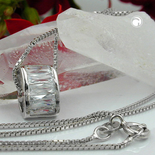 Kette 0,9mm Anhänger oval mit Zirkonias rhodiniert Silber 925 42cm