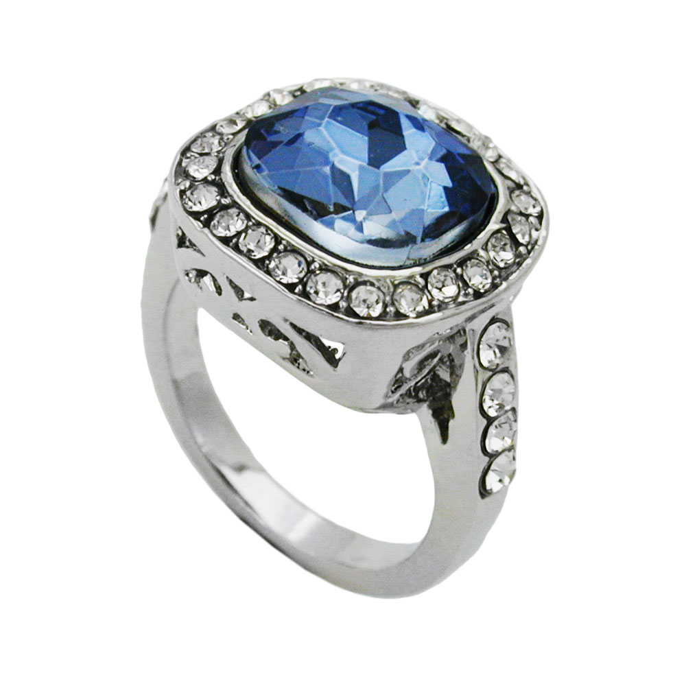 Ring 15,5mm großer blauer Glasstein mit kleinen weißen Zirkonias rhodiniert Ringgröße 56