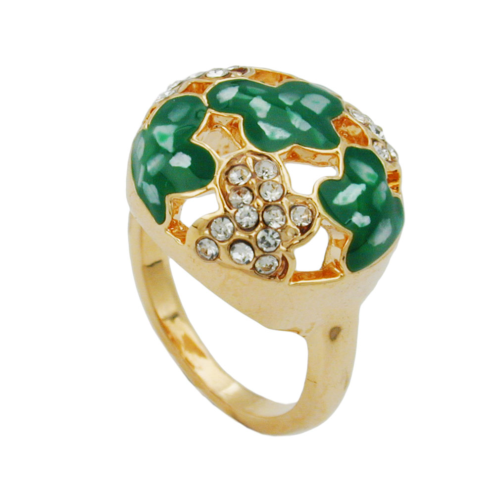Ring 17mm mit weißen Glassteinen grün-emaillierten Flächen vergoldet Ringgröße 56