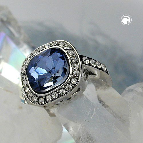 Ring 15,5mm großer blauer Glasstein mit kleinen weißen Zirkonias rhodiniert Ringgröße 56